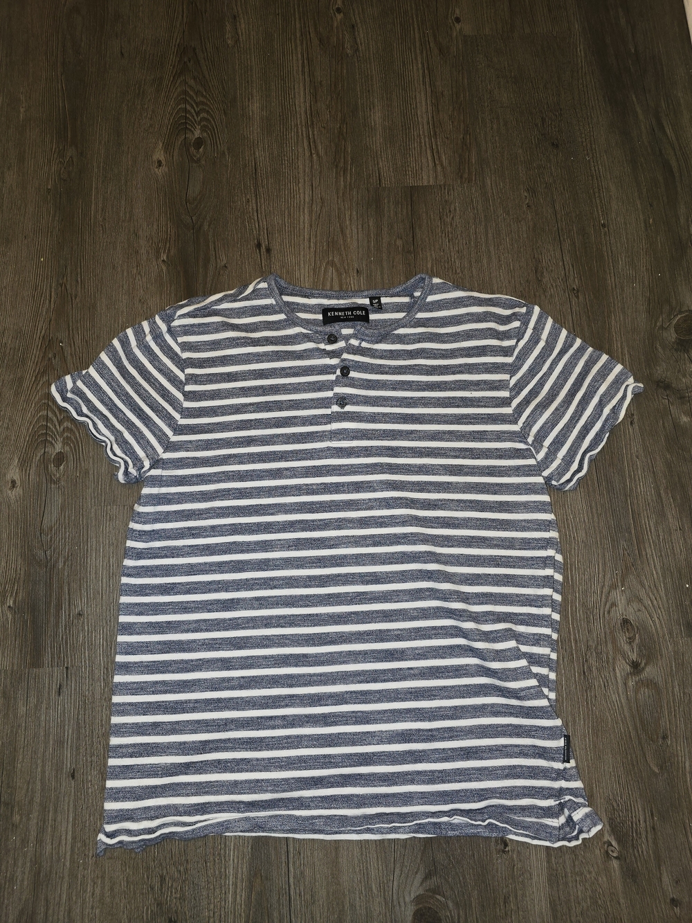 Kenneth Cole Navy and White Striped Henley Tee